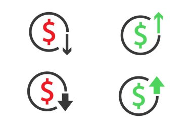 Artan ve azalan para birimi değerlerini gösteren dairesel dolar simgeleri.