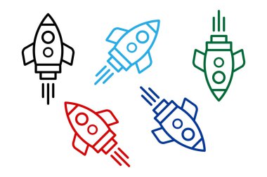 Uzay Teknolojisi ve Başlangıç Temaları Çizim Vektörü için Renkli Roket Simgeleri.