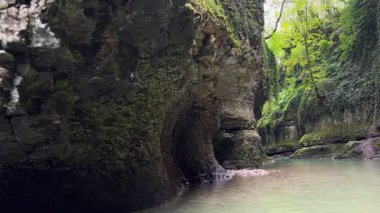 Martvili Kanyonu: Huzurlu nehir antik, yosunlu kireçtaşı duvarların ardından akar. Yüksek kayalıklardan yemyeşil bitki örtüleri, sakin, pitoresk bir doğal manzara yaratır..