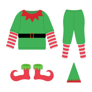 Christmas Elf Costume Set Vector Illustration. Perfect for Christmas design projects, holiday cards, invitations, festive decorations or seasonal ads.