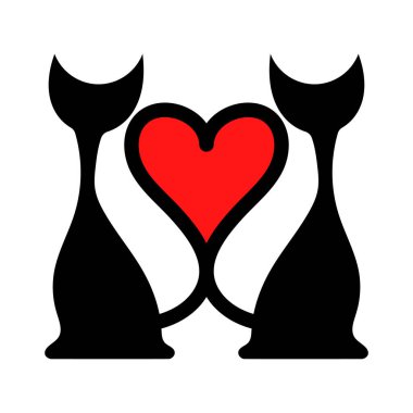 İki Kalpli Kedi. Kıvrımlı kuyrukları aralarında kırmızı bir kalp oluşturuyor. Romantik Vektör İllüzyonu. Sevgililer Günü için mükemmel, düğün davetiyeleri, tebrik kartları ya da romantik dekorlar için..