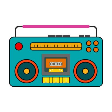 Retro Boombox Vektör İllüstrasyonu. Müzikle ilgili projeler için mükemmel, 80 'ler ve 90' lar estetik, klasik teknoloji, çalma listeleri, eğlence ve gençlik kültürü.