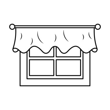 Dekoratif Perde Vektörü Ev Resimleri. Ev dekorasyonu konseptleri, iç tasarım görselleri, çocuk boyama sayfaları, DIY projeleri, gayrimenkul malzemeleri için mükemmel.