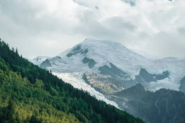 Önünde yeşil yemyeşil bir orman olan karla kaplı Mont Black dağ zirvesi