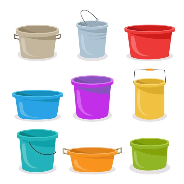 Steel Plastic Buckets Flat Illustration Set Complete Your Design — Stock Vector