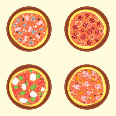 Pizza ayarlayın. Çeşitli türleri. Vektör