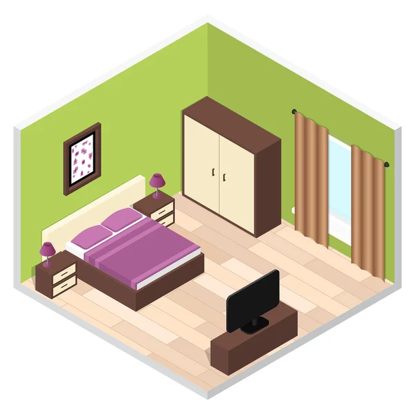 Dormitorio Interior con Muebles. Vector — Vector de stock