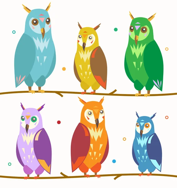 Cute Colorful Owl Set on the Branch. Vector — Stock Vector