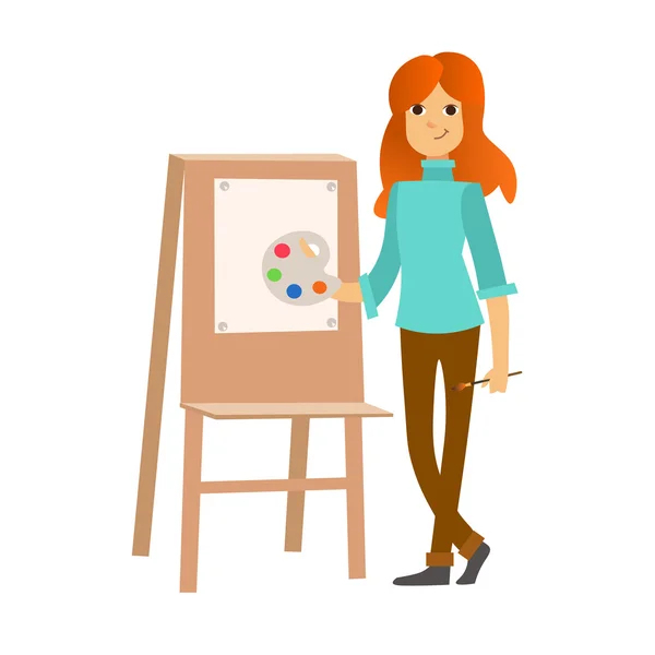 画家在工作画架调色板的女人。矢量 — 图库矢量图片