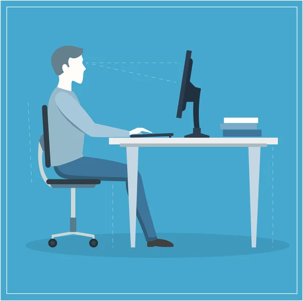 Correct Sitting Posture at Computer. Vector — Stock Vector