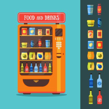 Vending Machine with Food and Drink Packaging Set. Vector clipart