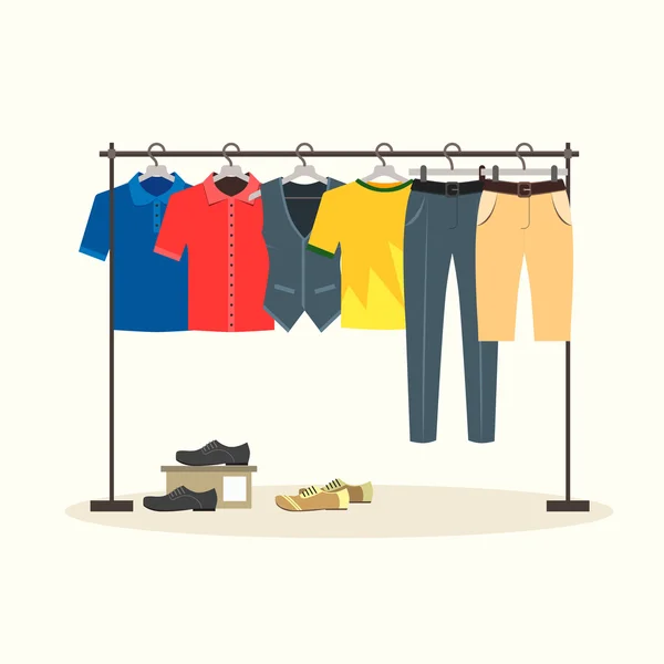 Clothes Racks with Menswear on Hangers. Vector — Stock Vector