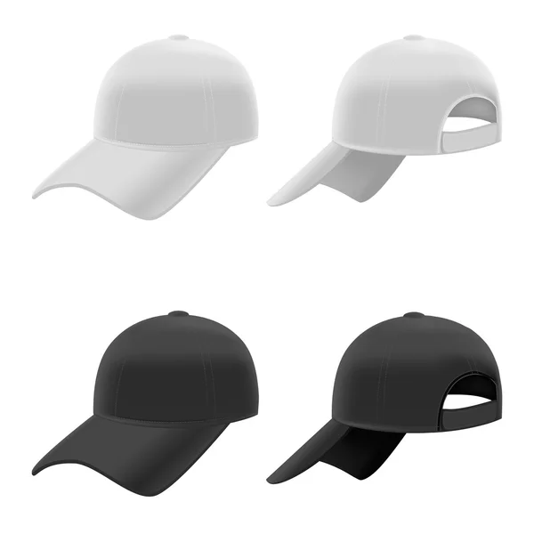 Juego de gorras de béisbol blanco y negro realista. Vector — Vector de stock