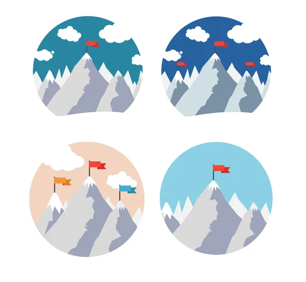 Mountain Peak with Red Flag in Circle Set. Vector — Stock Vector