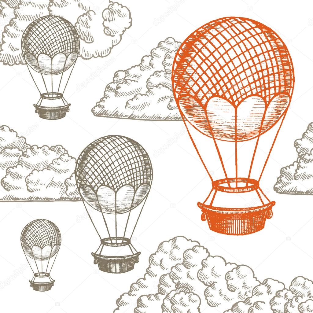 Fly Ballon in Clouds Hand Draw Sketch. Vector
