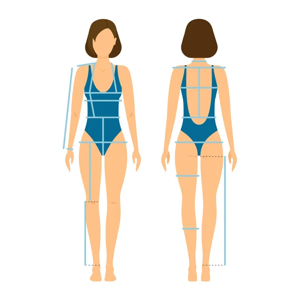 Kvinnan kropp fram och bak för mätning. Vektor — Stock vektor