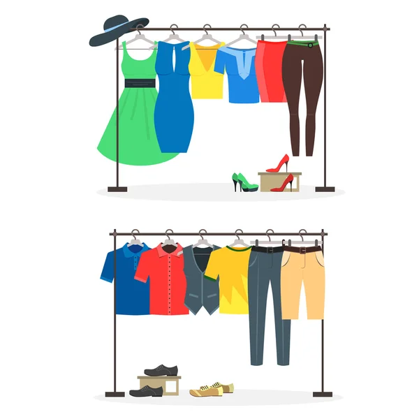 Kleding rekken met slijtage op Hangers Set. Vector — Stockvector