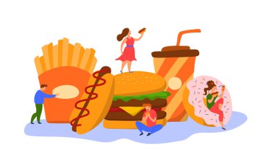 Çizgi film Renk Karakterleri İnsanları ve Fast Food Bağımlılığı Konsepti. Vektör
