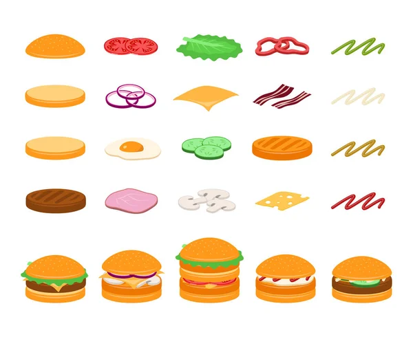 Diferentes colores de dibujos animados Burger Ingredientes Conjunto de iconos. Vector — Vector de stock