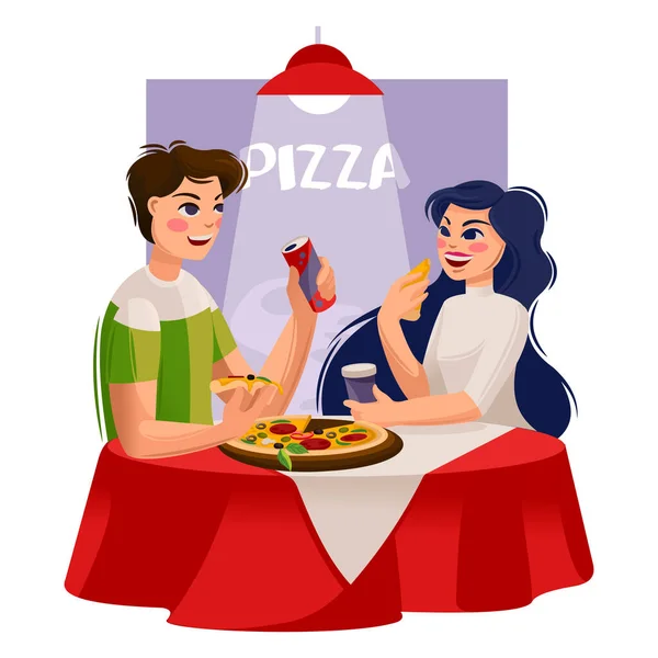 Personnages de couleur de bande dessinée Personnes Amis dans Pizzeria Concept. Vecteur — Image vectorielle