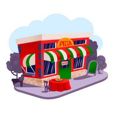 Town Concept 'daki Pizzeria Binası Çizgi Filmi Renkli Cephesi. Vektör