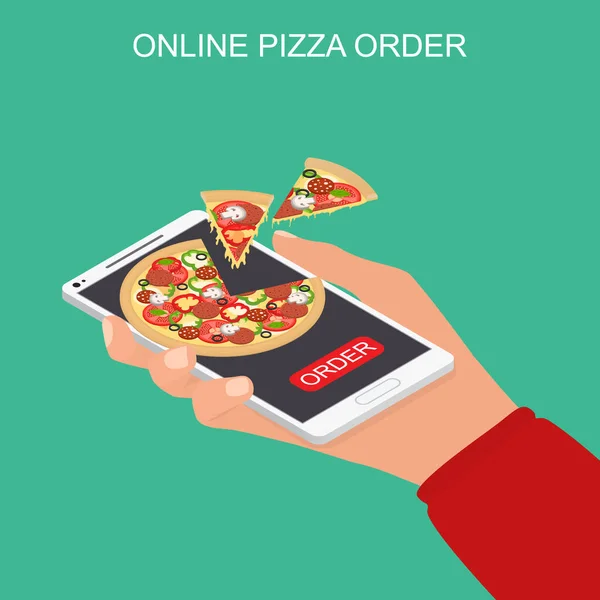 Cor Entrega de pizza Online Conceito 3D Vista Isométrica. Vetor — Vetor de Stock