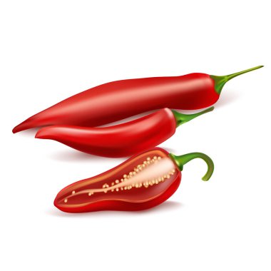 Gerçekçi Detaylı 3 boyutlu Kırmızı Biber Seti. Vektör