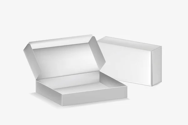 Realista detalhada 3d caixas de embalagem em branco aberto e fechado conjunto. Vetor — Vetor de Stock