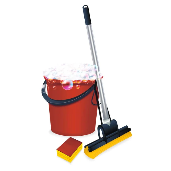 Realistic Detailed 3d Mop, Sponge and Bucket Set. Vector — Stock Vector