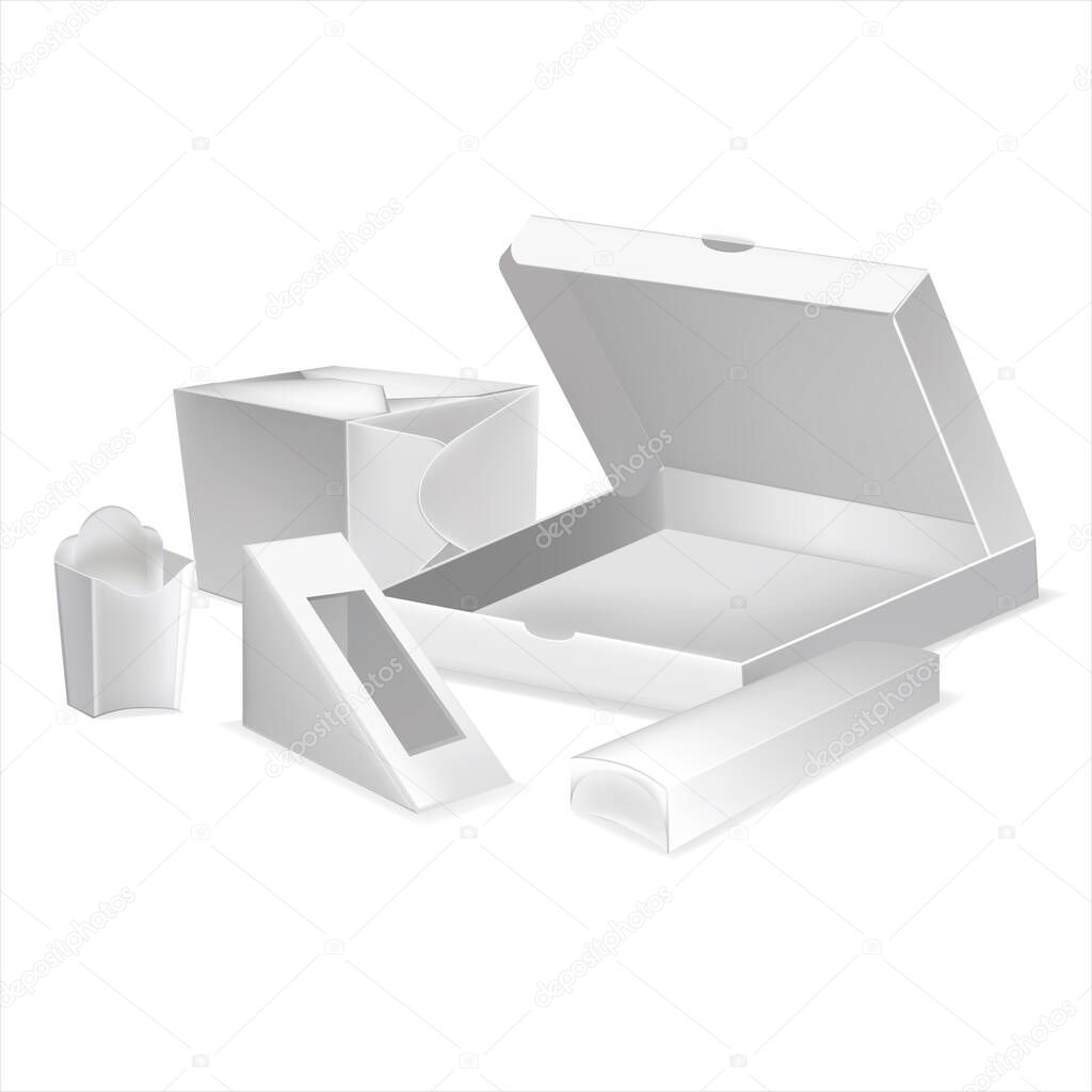 Realistic Detailed 3d Blank Fast Food Packaging Template Set. Vector