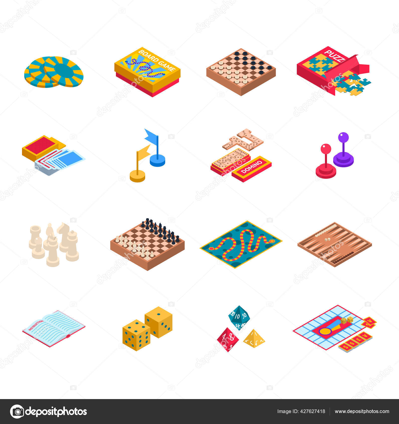 Color Board Games Icons Set 3d Isometric View. Vector Stock Vector by