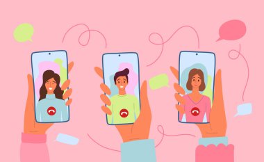 Çizgi film Renk Karakterleri İnsanlar ve Akıllı Telefonlar Video Çağrıları Konsepti. Vektör
