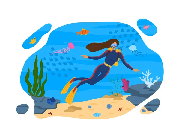 Cartoon Color Character Person Woman dan Scuba Diving Concept. Vektor - Stok Vektor