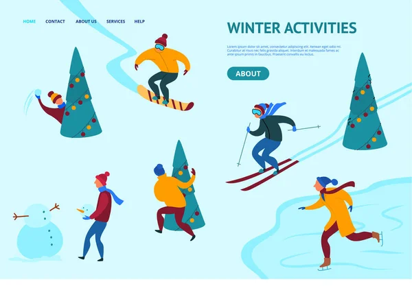 Winter Activiteiten Concept Kaart Landing Web Page Template. Vector — Stockvector