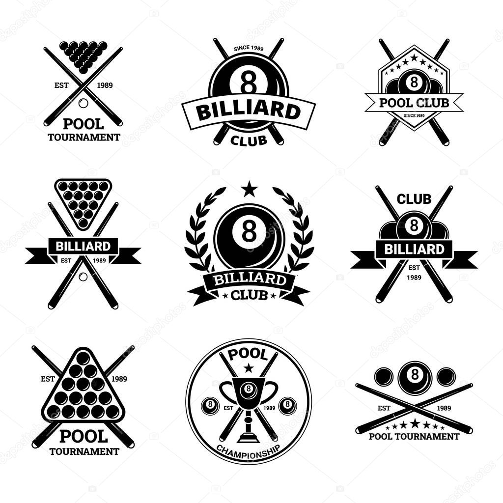 Billiard Club Black Label Badge Sign Set Concept. Vector illustration of Sticker with Balls and Cue