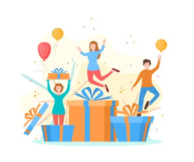 Çizgi Film Karakterleri İnsanları ve Bir Hediye Kutusu Kavramı Aldı. Vektör