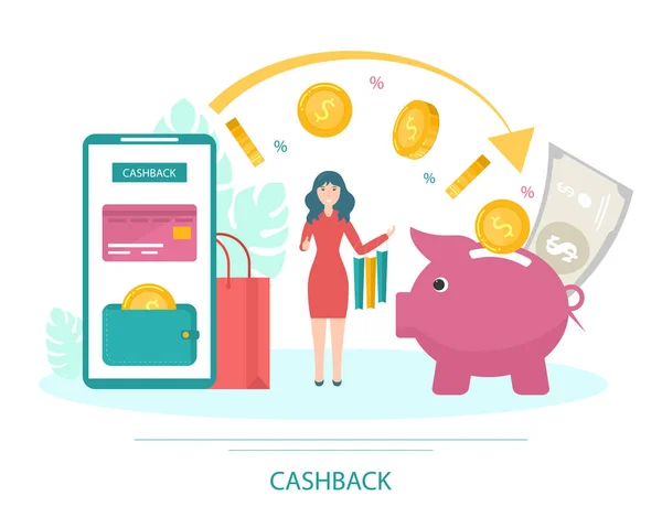 Cartoon Color Χαρακτήρας Πρόσωπο και Cashback Money Concept. Διάνυσμα — Διανυσματικό Αρχείο