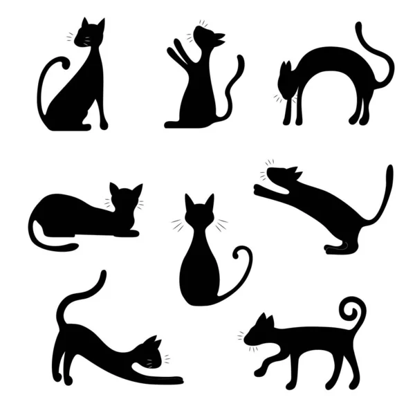 Conjunto de ícones de gato de personagens pretos de silhueta. Vetor — Vetor de Stock