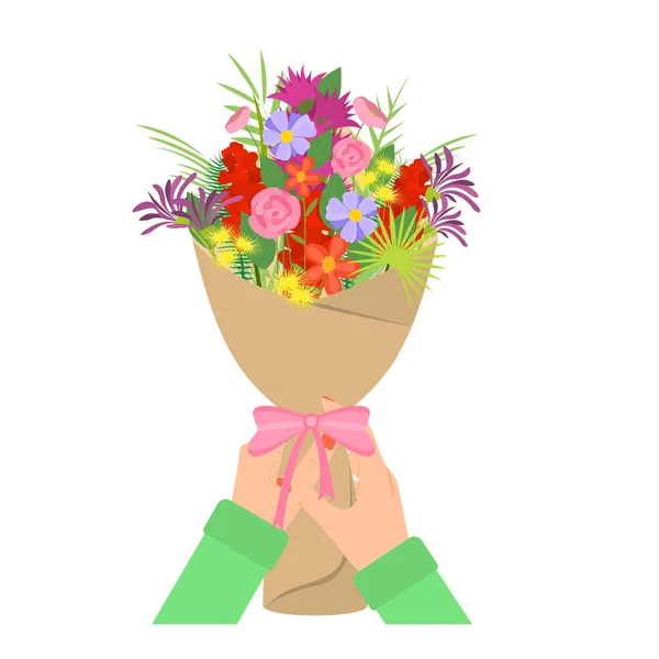 Cartoon Color Human Hand Holding Bouquet Concept. Vector — Stockvector