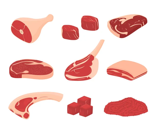 Set di icone di carne fresca di colore diverso del cartone animato. Vettore — Vettoriale Stock