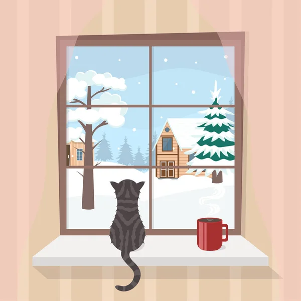 Cartoon Color Winter Window View Concept. Vector — Archivo Imágenes Vectoriales