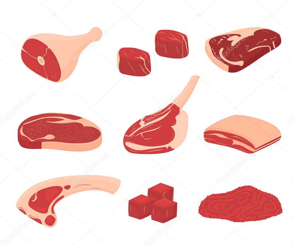 Cartoon Color Different Fresh Meat Icons Set. Vector