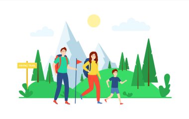 Çizgi film Karakterleri İnsanlar ve Yürüyüş Dağları Kavramı. Vektör