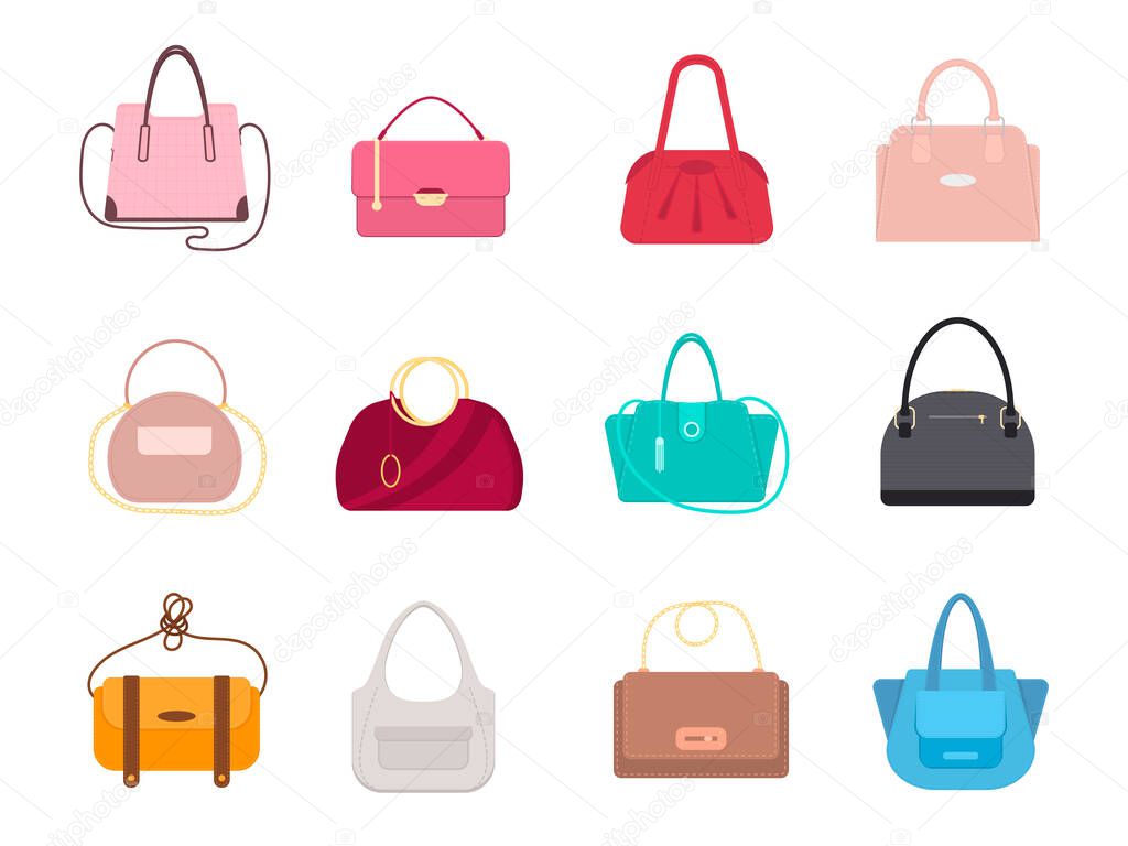 Cartoon Color Different Women Handbags Icons Set. Vector