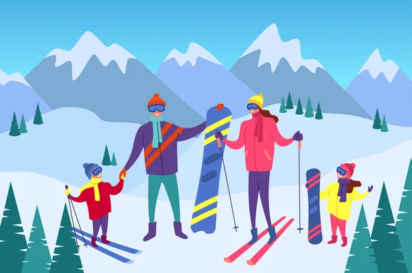 Desenhos animados Personagens de cores Pessoas Família e Esqui Snowboarding Concept. Vetor — Vetor de Stock