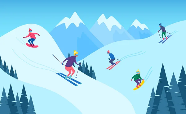Personajes en color de dibujos animados Personas Esquí y snowboard Concepto. Vector — Vector de stock