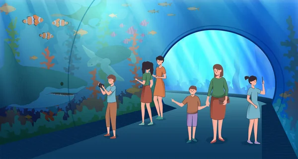 Çizgi film Renkli Karakterler Oceanarium Konseptinde Çocuklu İnsanları Destekliyor. Vektör — Stok Vektör