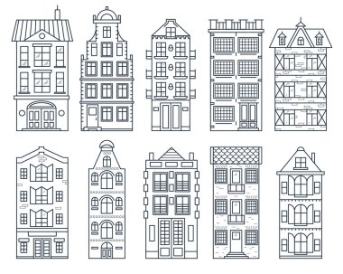 Eski Avrupa Binası Katılım Tabelaları Lineer Simgesi Seti. Vektör