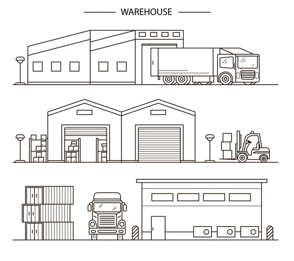 Warehouse Building Sign Contour Conjunto de ícones lineares. Vetor — Vetor de Stock