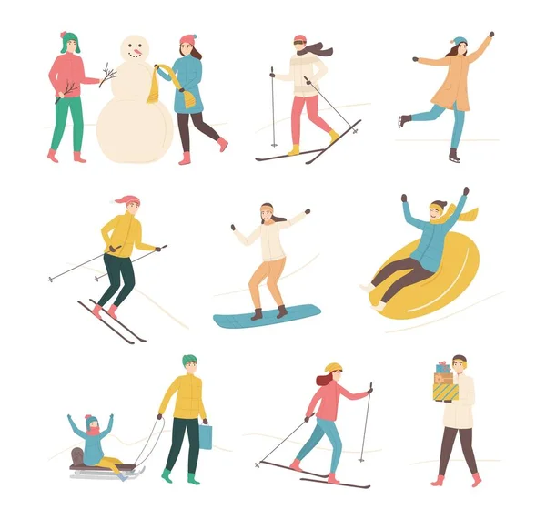 Personaggi di colore dei cartoni animati Persone e concetto di sport invernali. Vettore — Vettoriale Stock